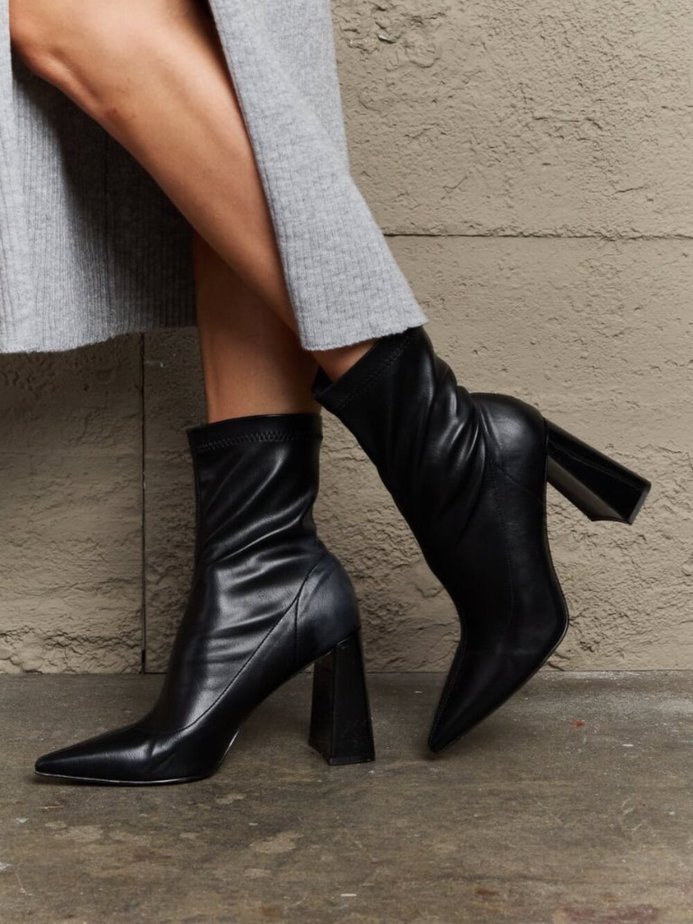 Black Pointed Toe Sock Boots | 4” Shiny Block Heel Booties
